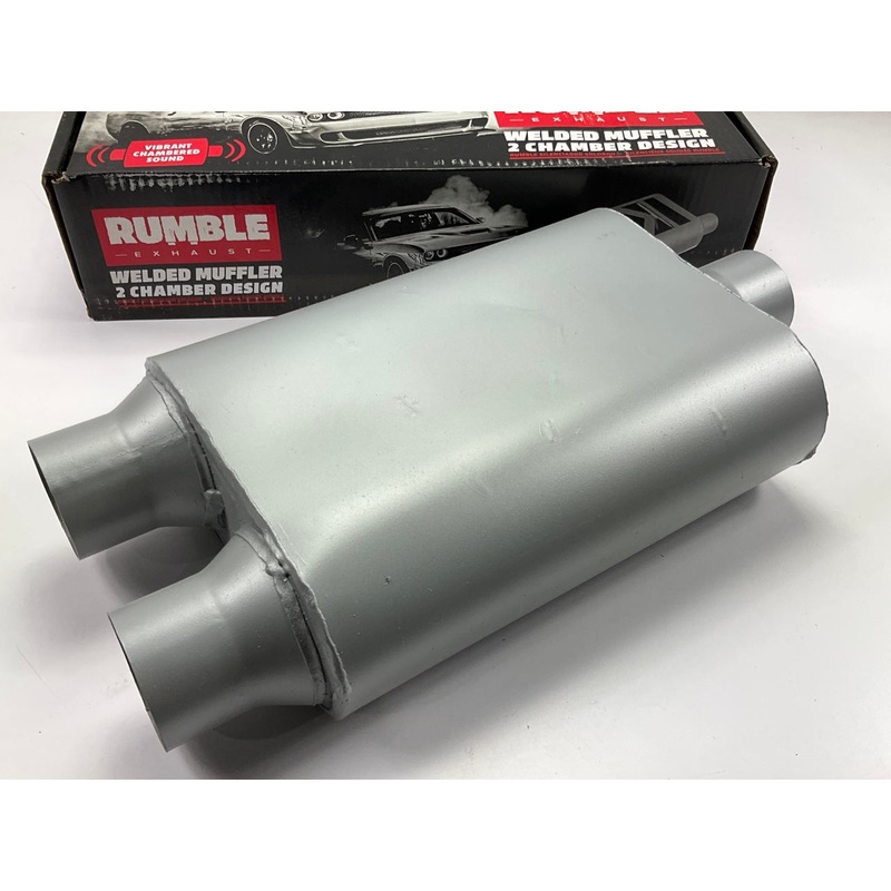 Rumble R25400 Performance Muffler 2.5'' ID Center Inlet, 2.5'' ID Dual Outlet, 19''