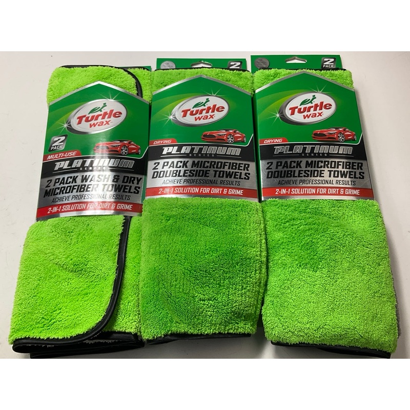 3 PACKS Turtle Wax 15''x15'' Platinum Wash & Dry Microfiber Towels Gray/Green 2/PK