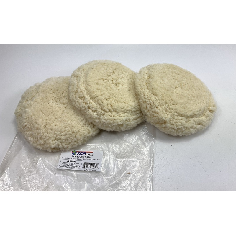 (3) TCP Global PP-5001-3PK Polishing / Buffing Hook & Loop Pads, 8'' - 100% Wool